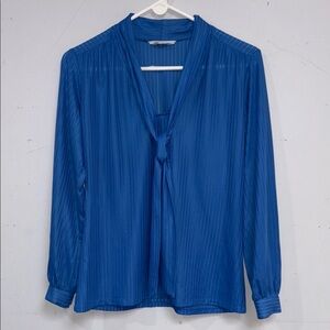 Blue Long Sleeve Blouse with Tie Front and Mandarin Collar